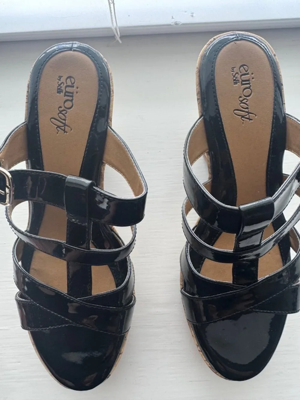 Euro Soft by Sofft Black Patent Felice Wedge Sandal Size 9 M P5